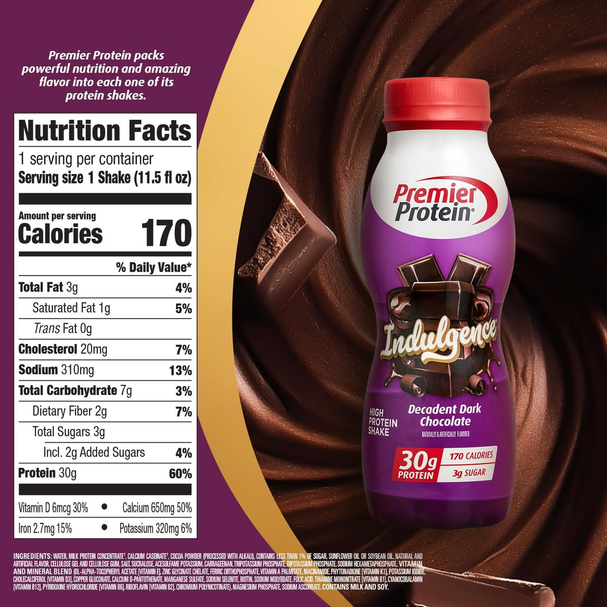 Premier Protein INDULGENCE 30g Shake, Decadent Dark Chocolate, 12 Pack