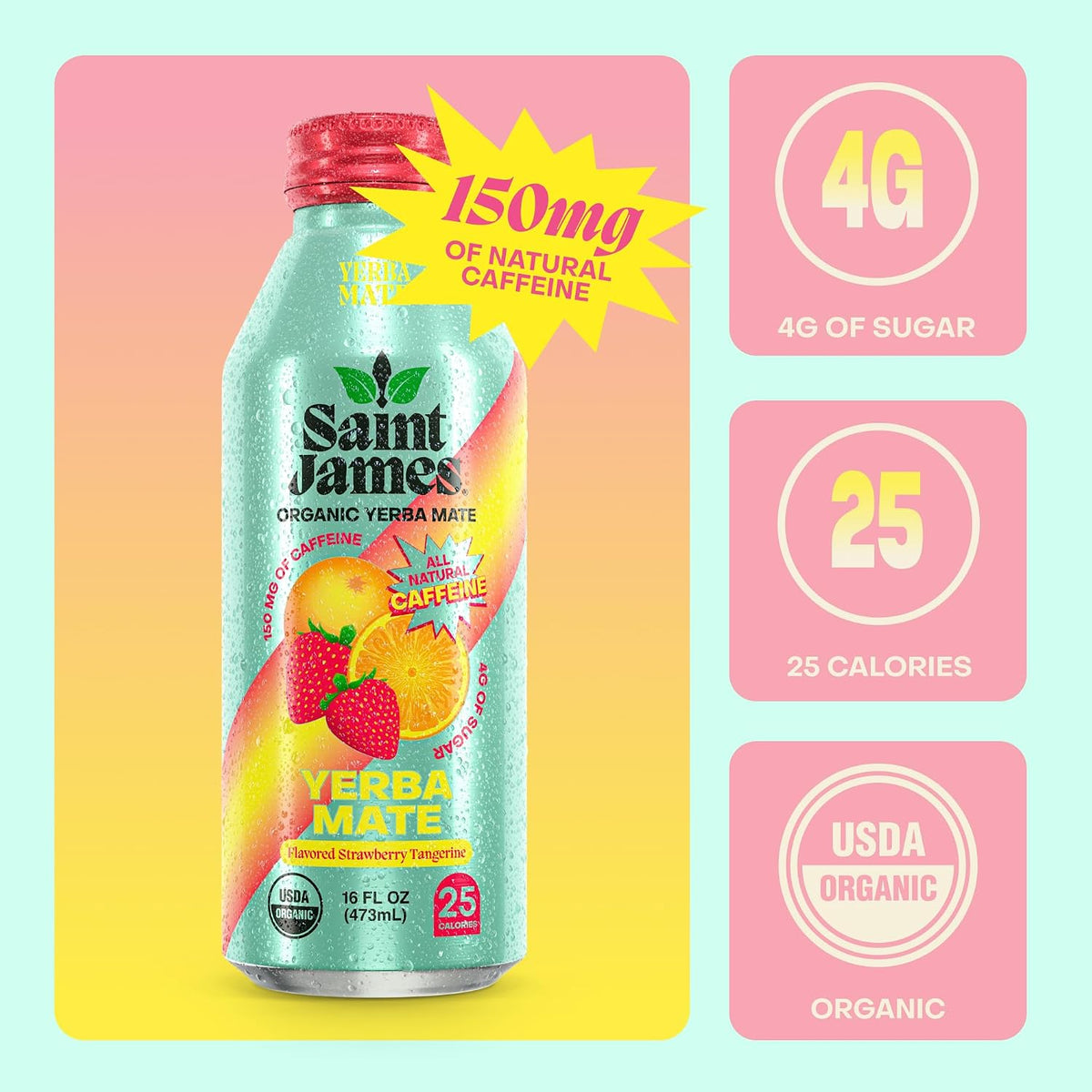 Saint James Organic Yerba Mate, Strawberry Tangerine, 12-Pack