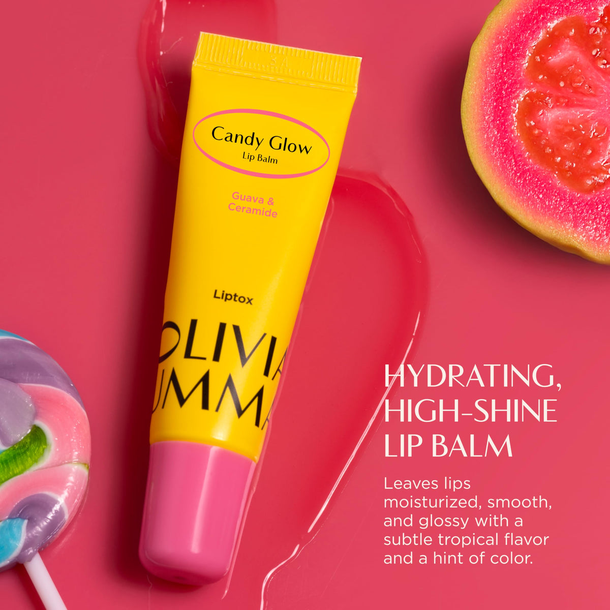 OLIVIAUMMA Candy Glow Lip Balm Guava - Sheer Pink Tint Hydrating Lip Balm with Ceramide, Shea Butter & Macadamia Seed Oil - High-Shine, Non-Sticky Lip Moisturizer for Softer, Smoother Lips - 10ml