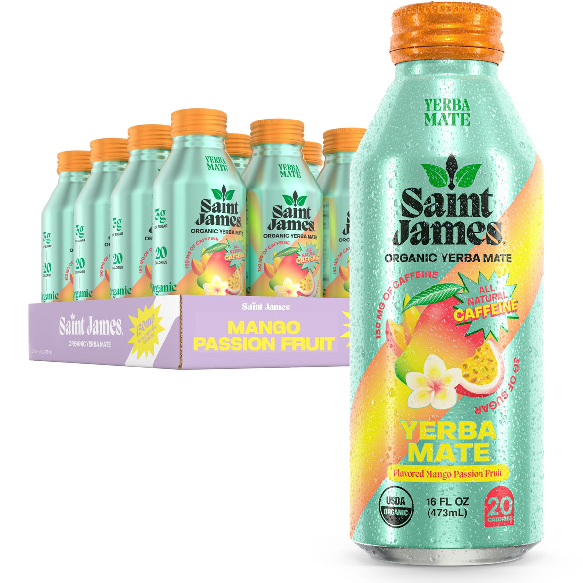 Saint James Organic Yerba Mate, Strawberry Tangerine, 12-Pack