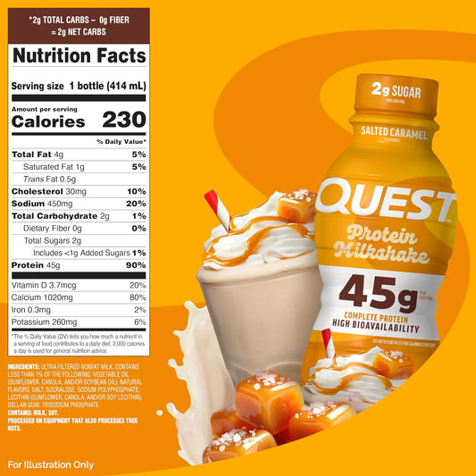 Quest Nutrition Salted Caramel Flavored High Protein Shake, 45g Protein, 2g Sugar, 2g Net Carbs, Ready to Drink, Gluten Free, 12 Count