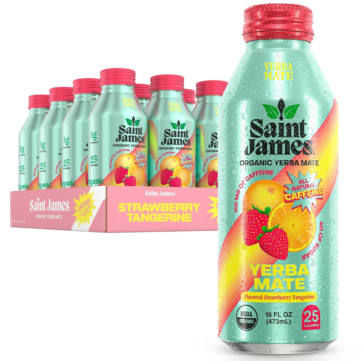 Saint James Organic Yerba Mate, Strawberry Tangerine, 12-Pack