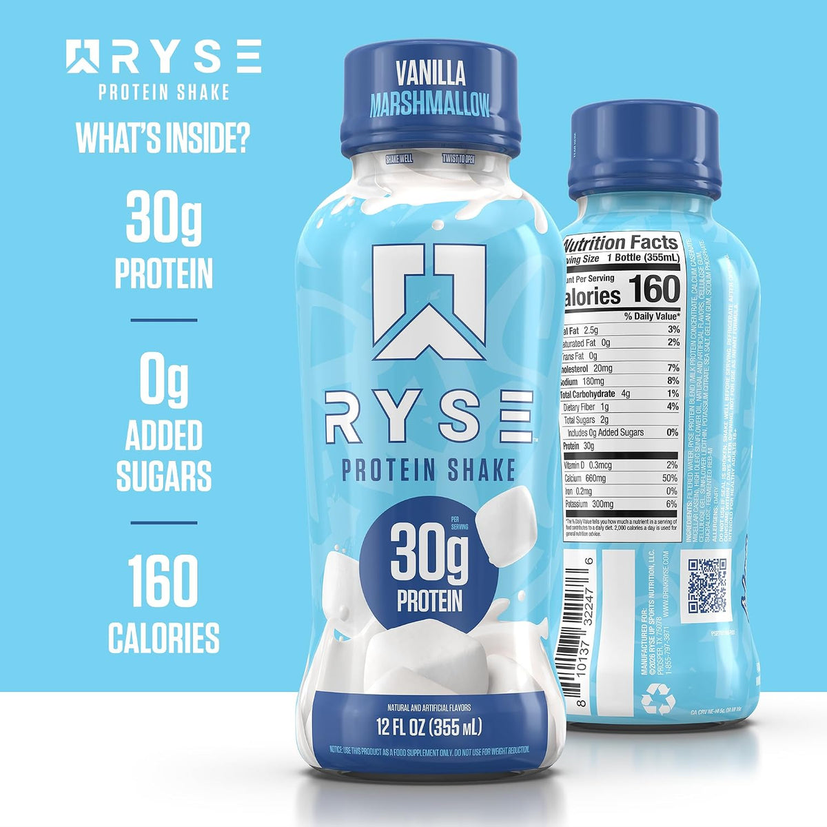 RYSE Protein Shake - Vanilla Marshmallow - 30g Protein Ready to Drink - 160 Calories, Zero Added Sugar, Gluten Free - Smooth & Delicious Nostalgic Flavors - 12 Fl Oz (12 Pack)