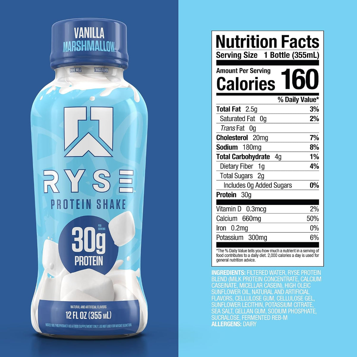 RYSE Protein Shake - Vanilla Marshmallow - 30g Protein Ready to Drink - 160 Calories, Zero Added Sugar, Gluten Free - Smooth & Delicious Nostalgic Flavors - 12 Fl Oz (12 Pack)