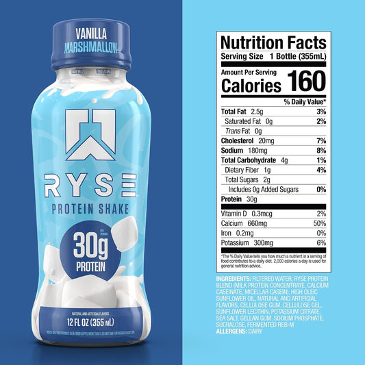 RYSE Protein Shake - Vanilla Marshmallow - 30g Protein Ready to Drink - 160 Calories, Zero Added Sugar, Gluten Free - Smooth & Delicious Nostalgic Flavors - 12 Fl Oz (12 Pack)