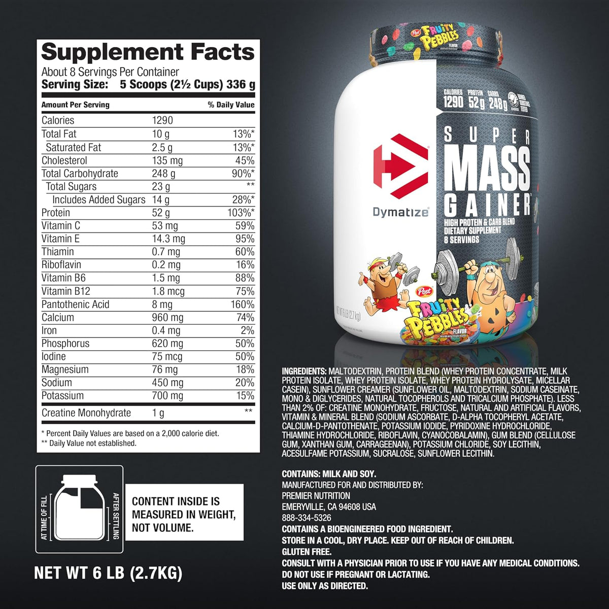 Dymatize Super Mass Gainer Protein Powder, 1290 Calories & 52g Protein, Mixes Easily, Tastes Delicious, Fruity Pebbles, 6 Pound (8 Servings)